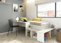 Bett Quinn 90x200 cm mit Schreibtisch und Stauraum - Kiefer/weiß