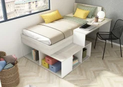 Bett Quinn 90x200 cm mit Schreibtisch und Stauraum - Kiefer/weiß