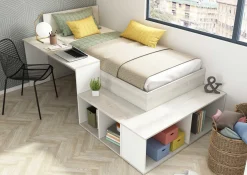 Bett Quinn 90x200 cm mit Schreibtisch und Stauraum - Kiefer/weiß