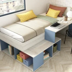 Bett Quinn 90x200 cm mit Schreibtisch und Stauraum - Kiefer/blau