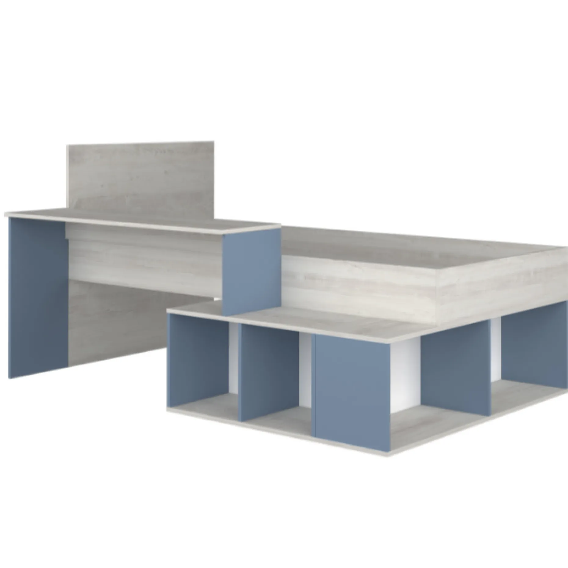 Bett Quinn 90x200 cm mit Schreibtisch und Stauraum - Kiefer/blau