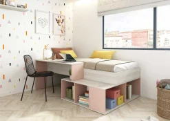 Bett Quinn 90x200 cm mit Schreibtisch und Stauraum - Kiefer/altrosa