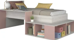 Bett Quinn 90x200 cm mit Schreibtisch und Stauraum - Kiefer/altrosa
