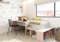 Bett Quinn 90x200 cm mit Schreibtisch und Stauraum - Kiefer/altrosa