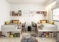 Bett Quinn 90x200 cm mit Schreibtisch und Stauraum - Kiefer/altrosa