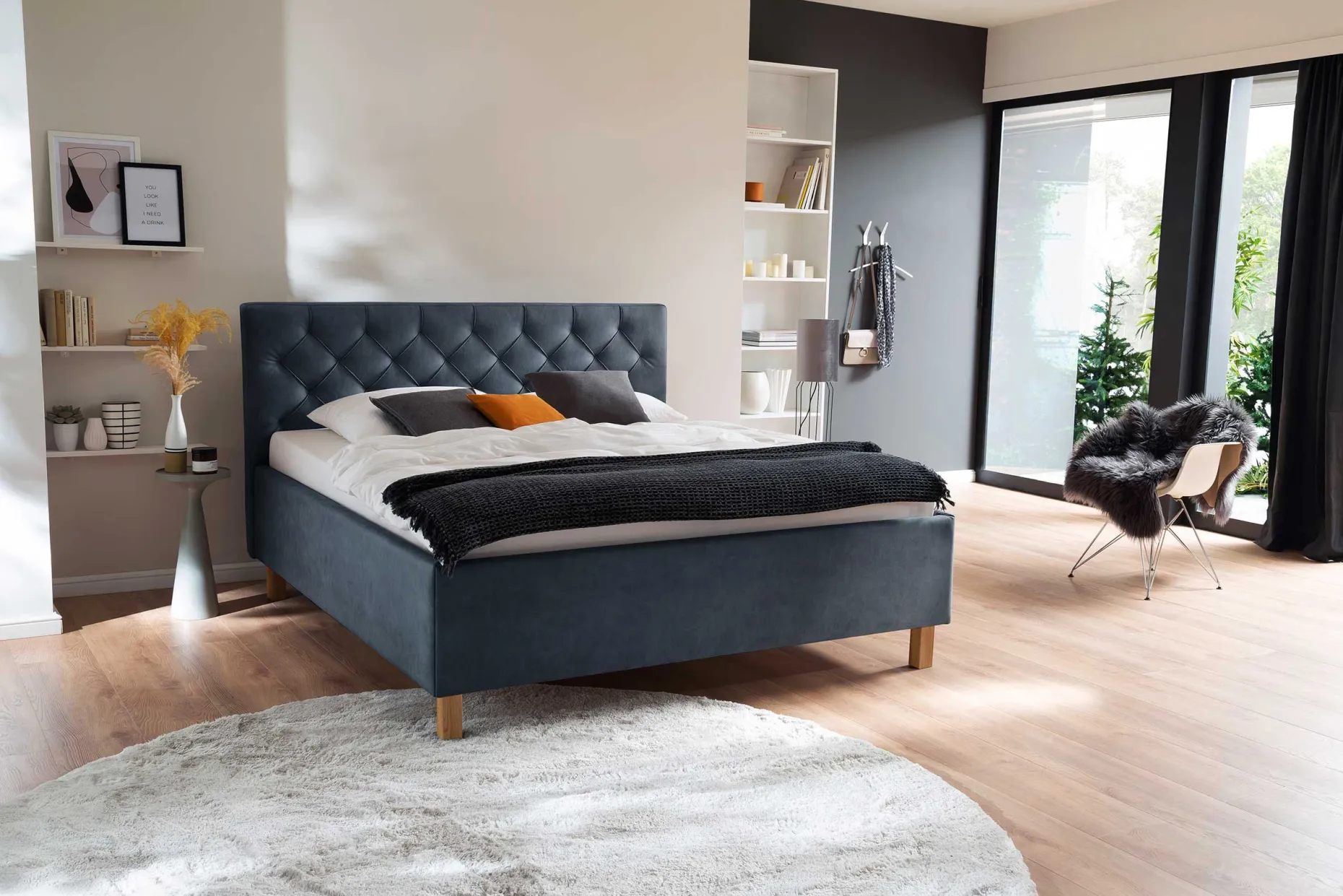 Bett San Marino 180x200cm mit Stauraum Kunstleder - blau/eiche