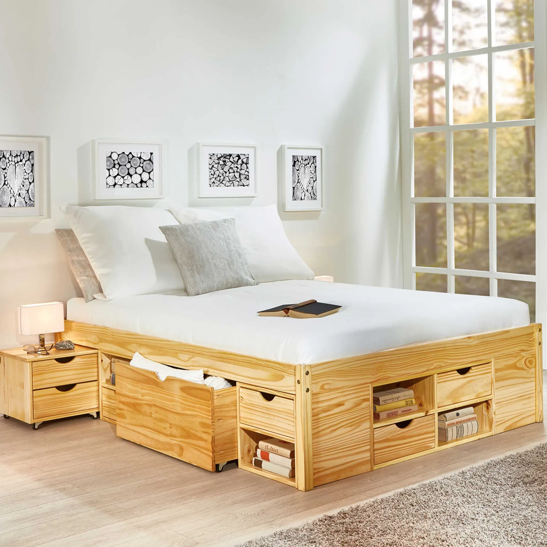 Bett Xavier 140x200cm mit Stauraum - Kieferholz