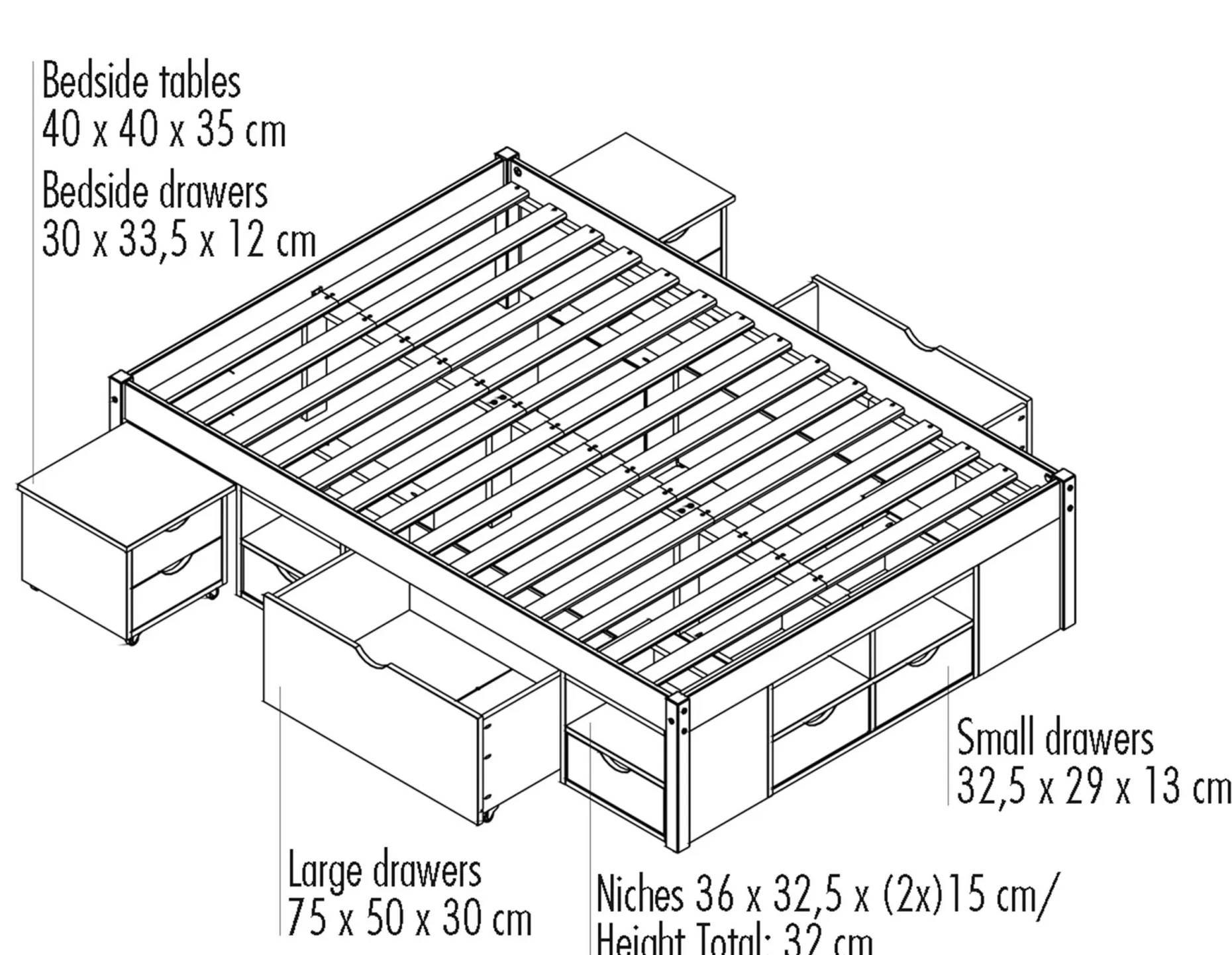 Bett Xavier 140x200cm mit Stauraum - Kieferholz