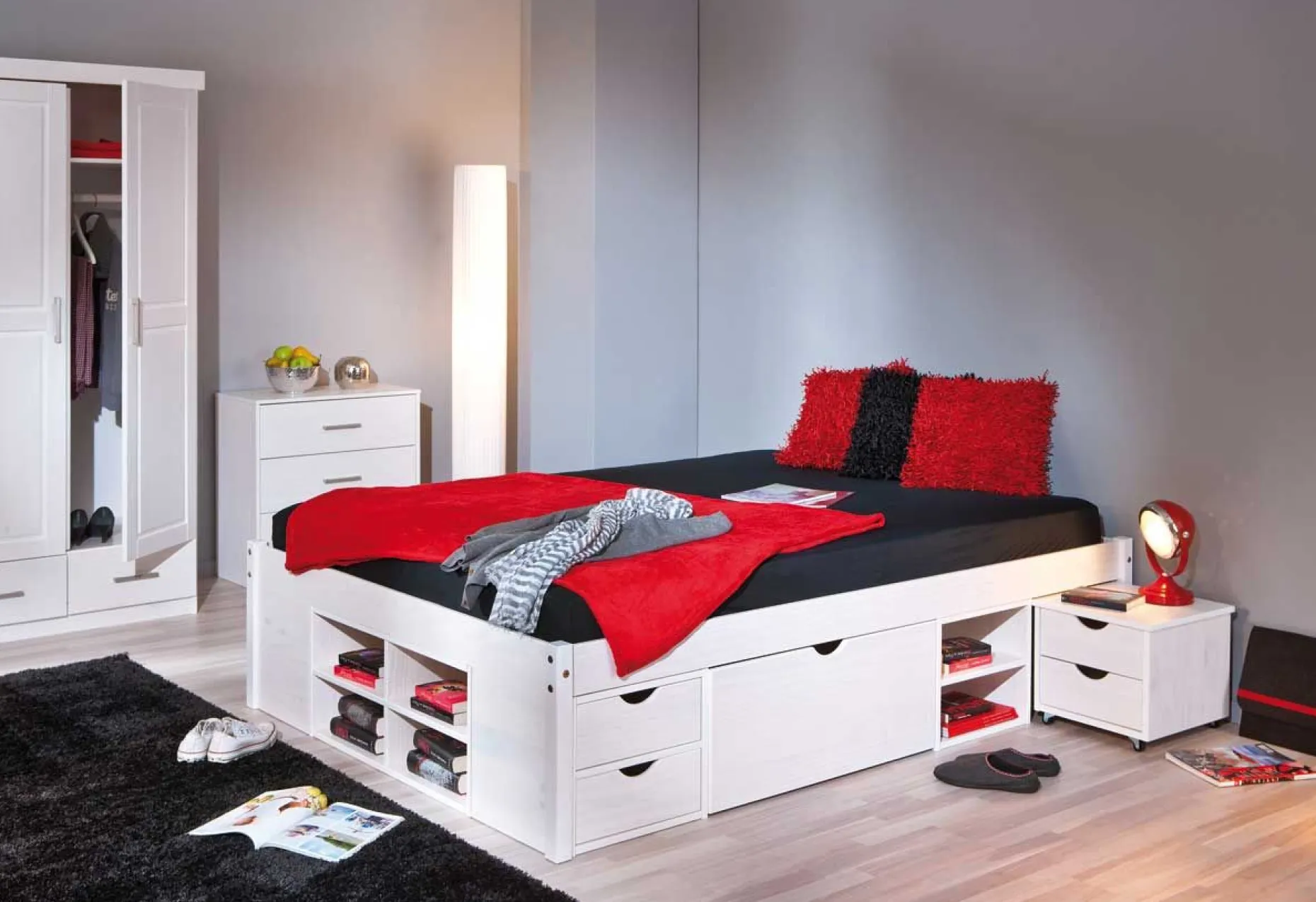 Bett Xavier 160x200cm mit Stauraum - white wash