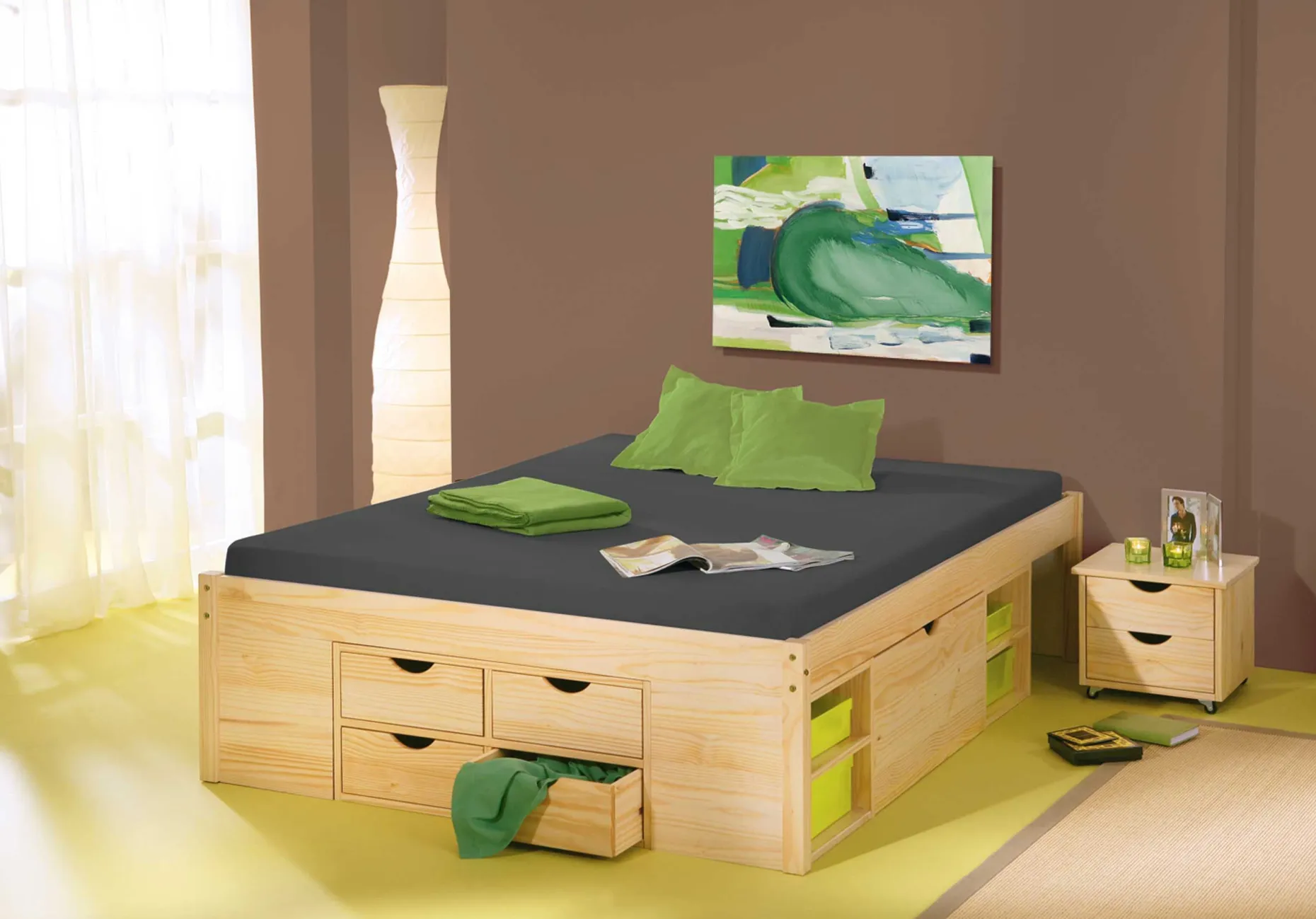 Bett Xavier 180x200 mit Stauraum - Kieferholz