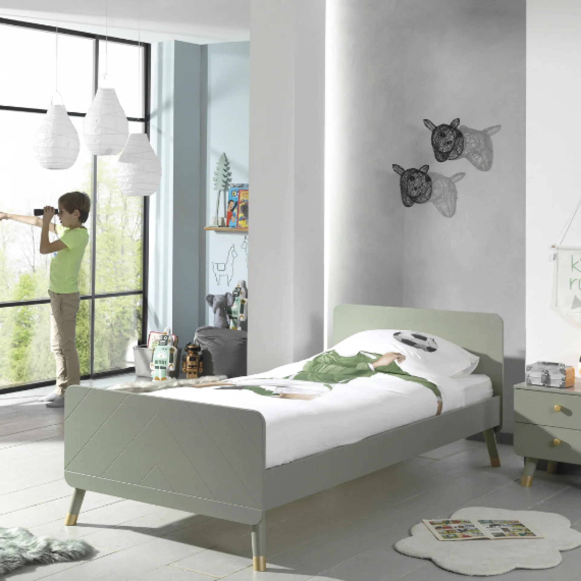 Kinder Vipack Bett 90x200 cm mit Lattenrost und Nachttisch Billy oliv