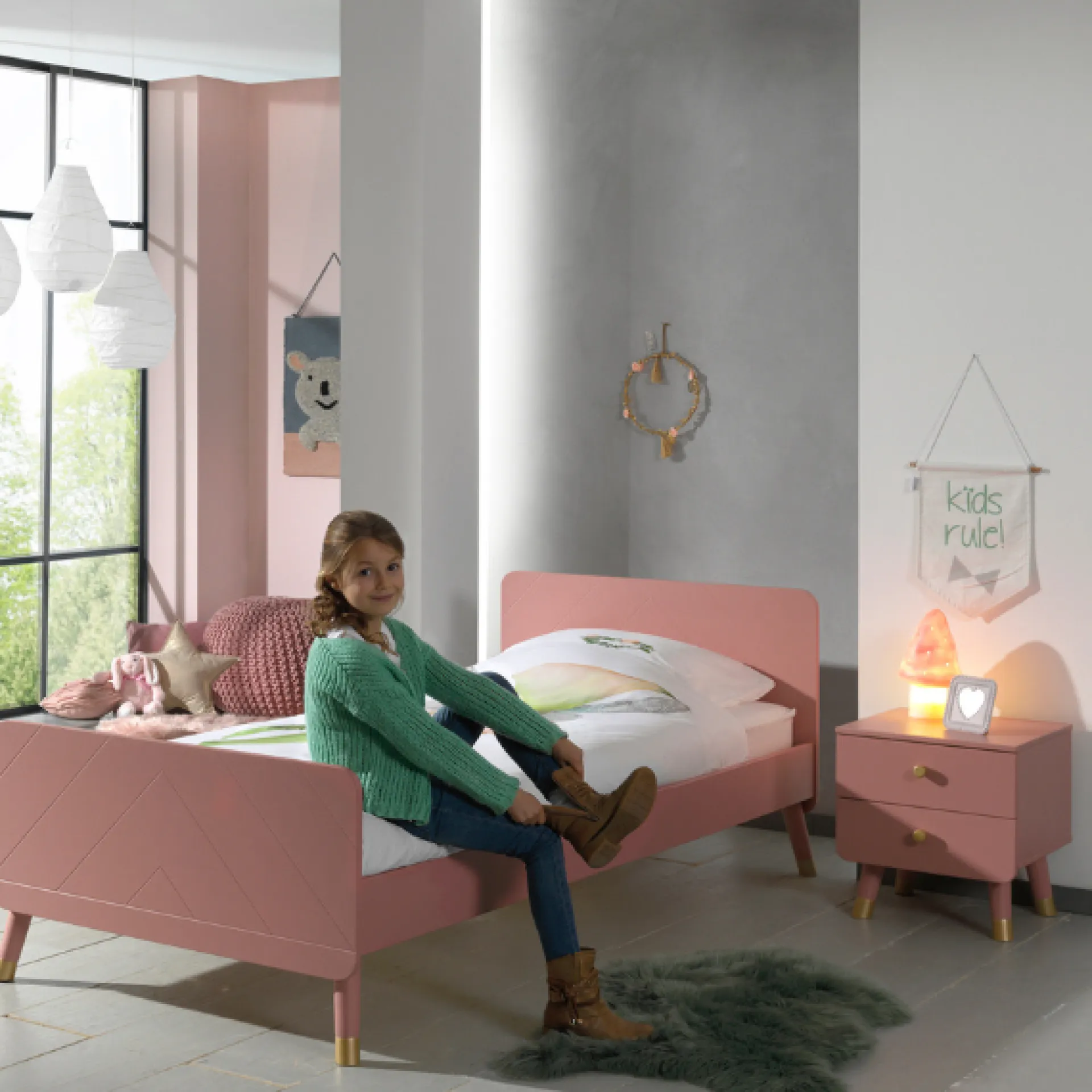 Kinder Vipack Bett 90x200 cm mit Lattenrost und Nachttisch Billy-pink