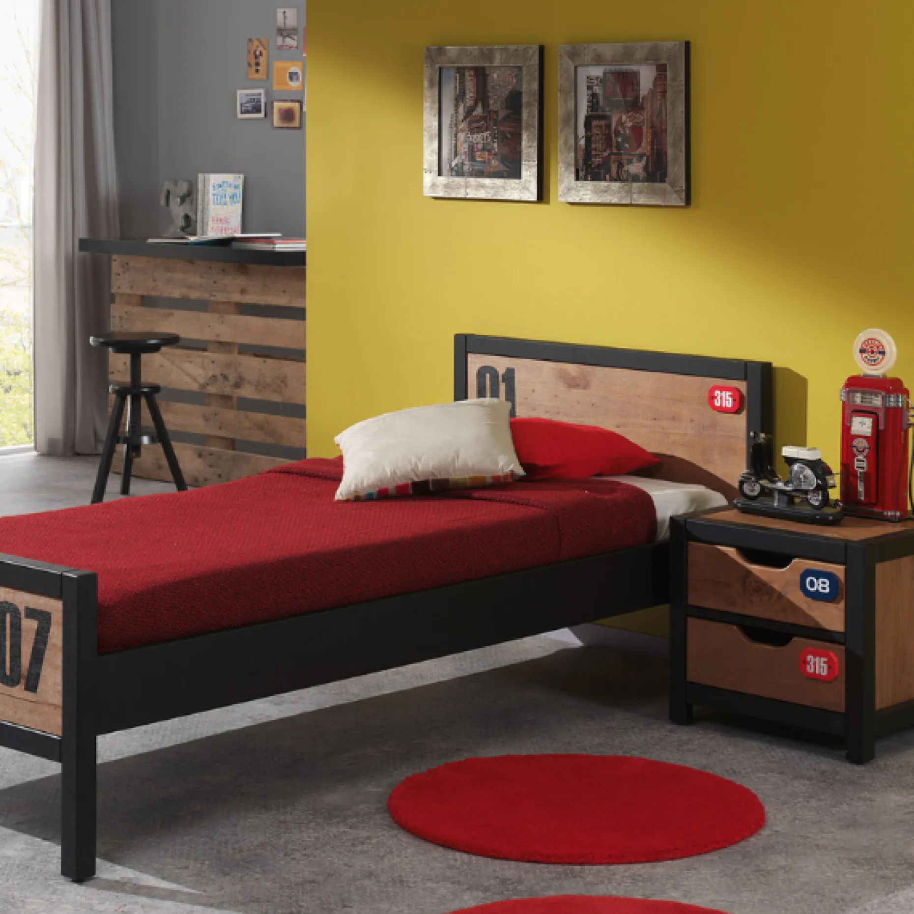 Bett 90 x 200cm Nachttisch Alex Kiefer massiv