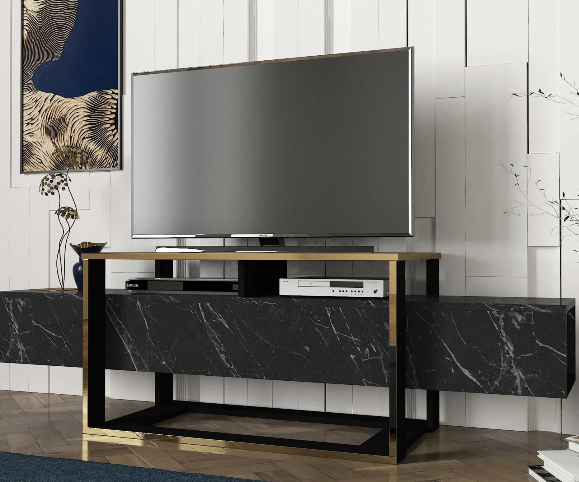 Bianco TV-Ständer | 100 % MELAMIN | Schwarz, Gold