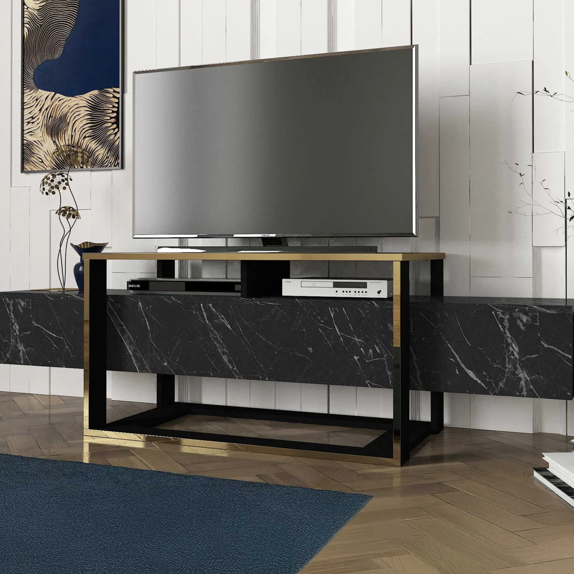 Bianco TV-Ständer | 100 % MELAMIN | Schwarz, Gold