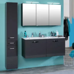 Held BobbiBadezimmer : Säulenschrank, Spiegelschrank mit LED-Beleuchtung, Waschtischschrank - Hochglanz grau