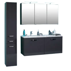 Held BobbiBadezimmer : Säulenschrank, Spiegelschrank mit LED-Beleuchtung, Waschtischschrank - Hochglanz grau