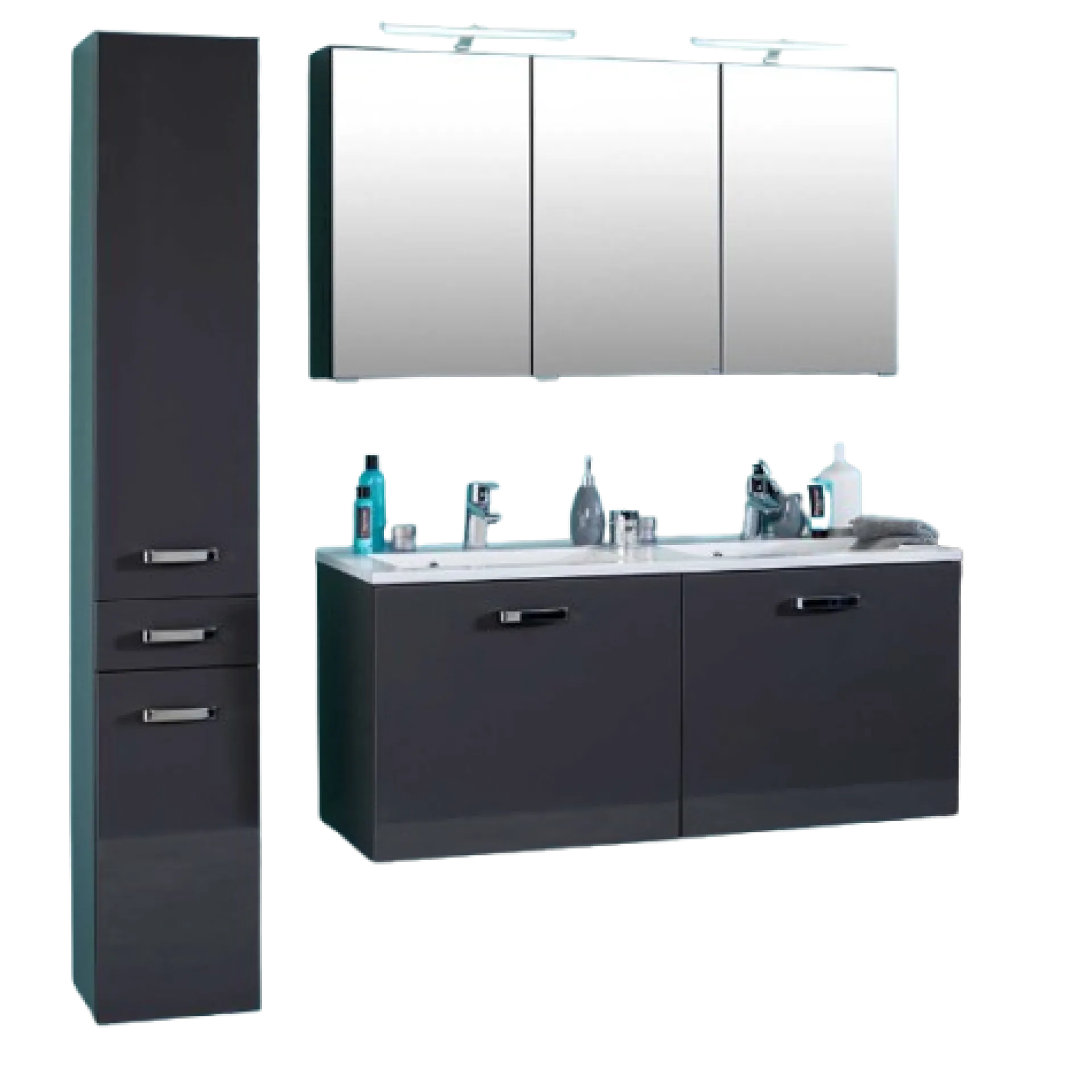 Held BobbiBadezimmer : Säulenschrank, Spiegelschrank mit LED-Beleuchtung, Waschtischschrank - Hochglanz grau