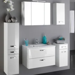 Held BobbiBadezimmer : Säulenschrank, Spiegelschrank, Waschbeckenunterschrank, Hängeschrank, Unterschrank - Hochglanz weiß