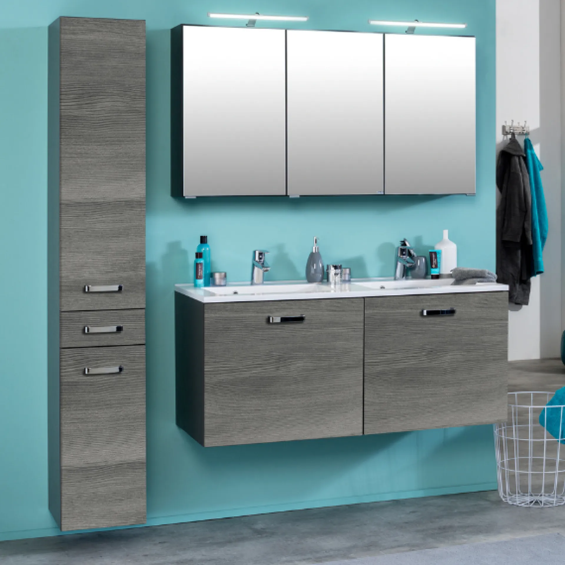 Held BobbiBadezimmer : Säulenschrank, Waschtischschrank, Spiegelschrank - Eiche
