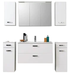 BobbiBadezimmer : 2x Hängeschrank, 2x Unterschrank, Spiegelschrank, Waschbeckenschrank - Hochglanz weiß