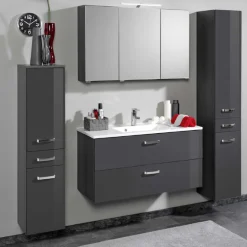 Held BobbiBadezimmer : 2x Säulenschrank, Spiegelschrank, Waschbeckenschrank - Hochglanz grau