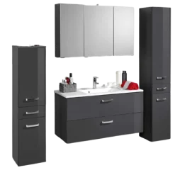 Held BobbiBadezimmer : 2x Säulenschrank, Spiegelschrank, Waschbeckenschrank - Hochglanz grau