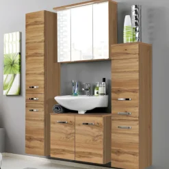 Held BobbiBadezimmer : 2x Säulenschrank, Spiegelschrank, Waschtischunterschrank - Eiche