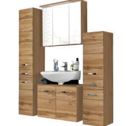 Held BobbiBadezimmer : 2x Säulenschrank, Spiegelschrank, Waschtischunterschrank - Eiche