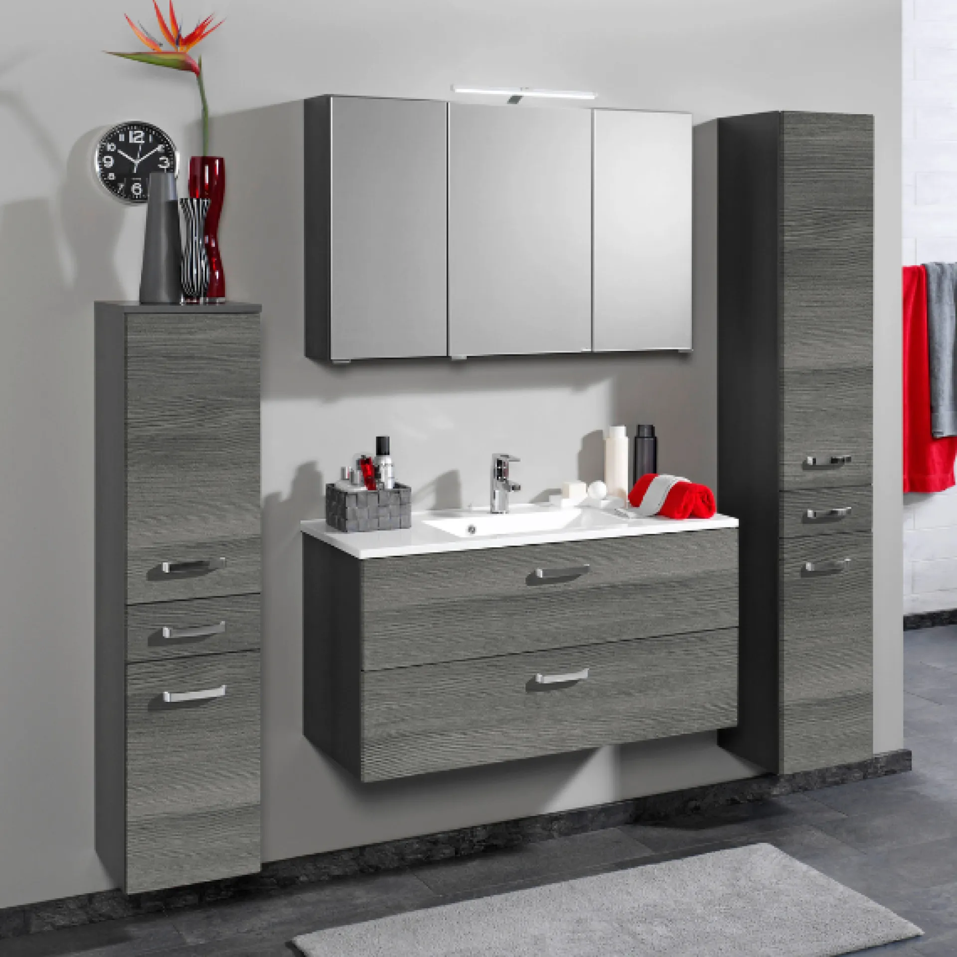 Held BobbiBadezimmer : 2x Säulenschrank, Spiegelschrank, Waschtischschrank - Eiche
