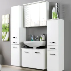 Held BobbiBadezimmer : 2x Säulenschrank, Waschtischunterschrank, Spiegelschrank - Hochglanz weiß