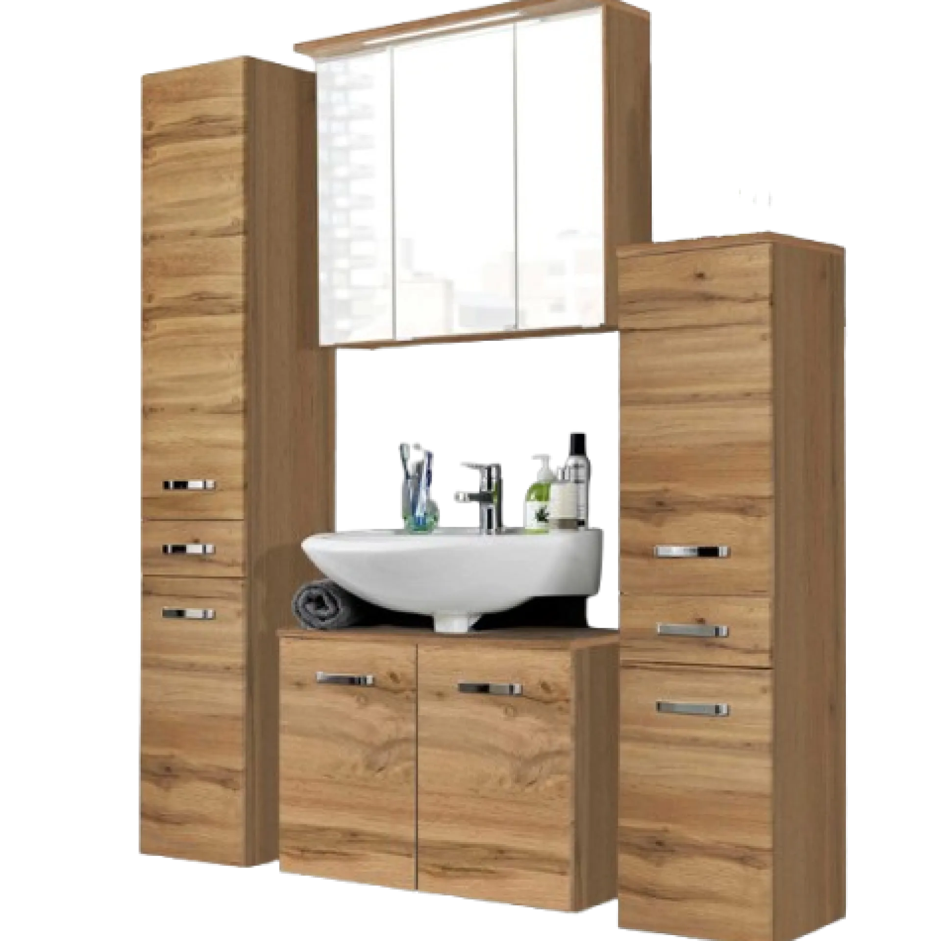Held BobbiBadezimmer : 2x Säulenschrank, Spiegelschrank, Waschtischunterschrank - Eiche