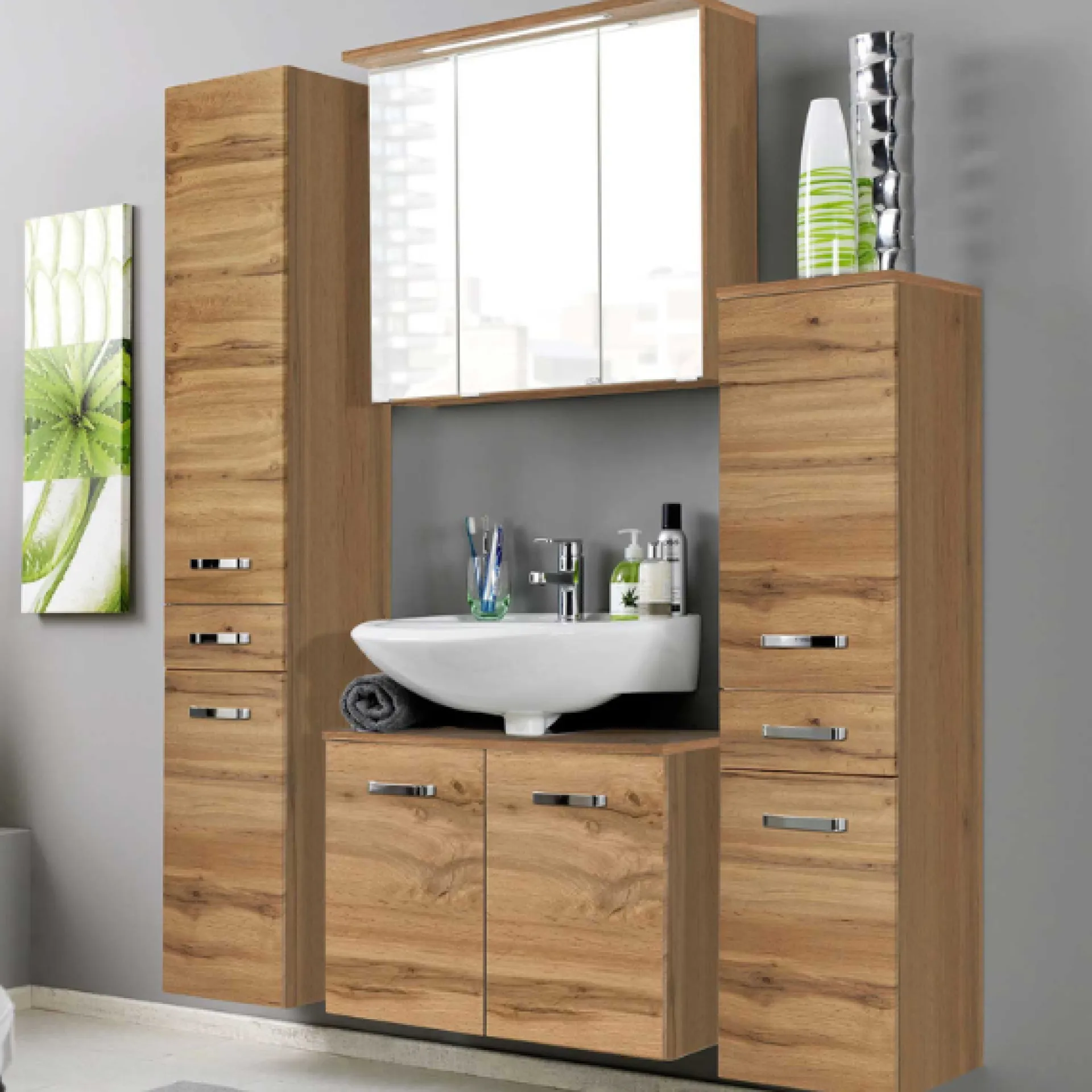 Held BobbiBadezimmer : 2x Säulenschrank, Spiegelschrank, Waschtischunterschrank - Eiche