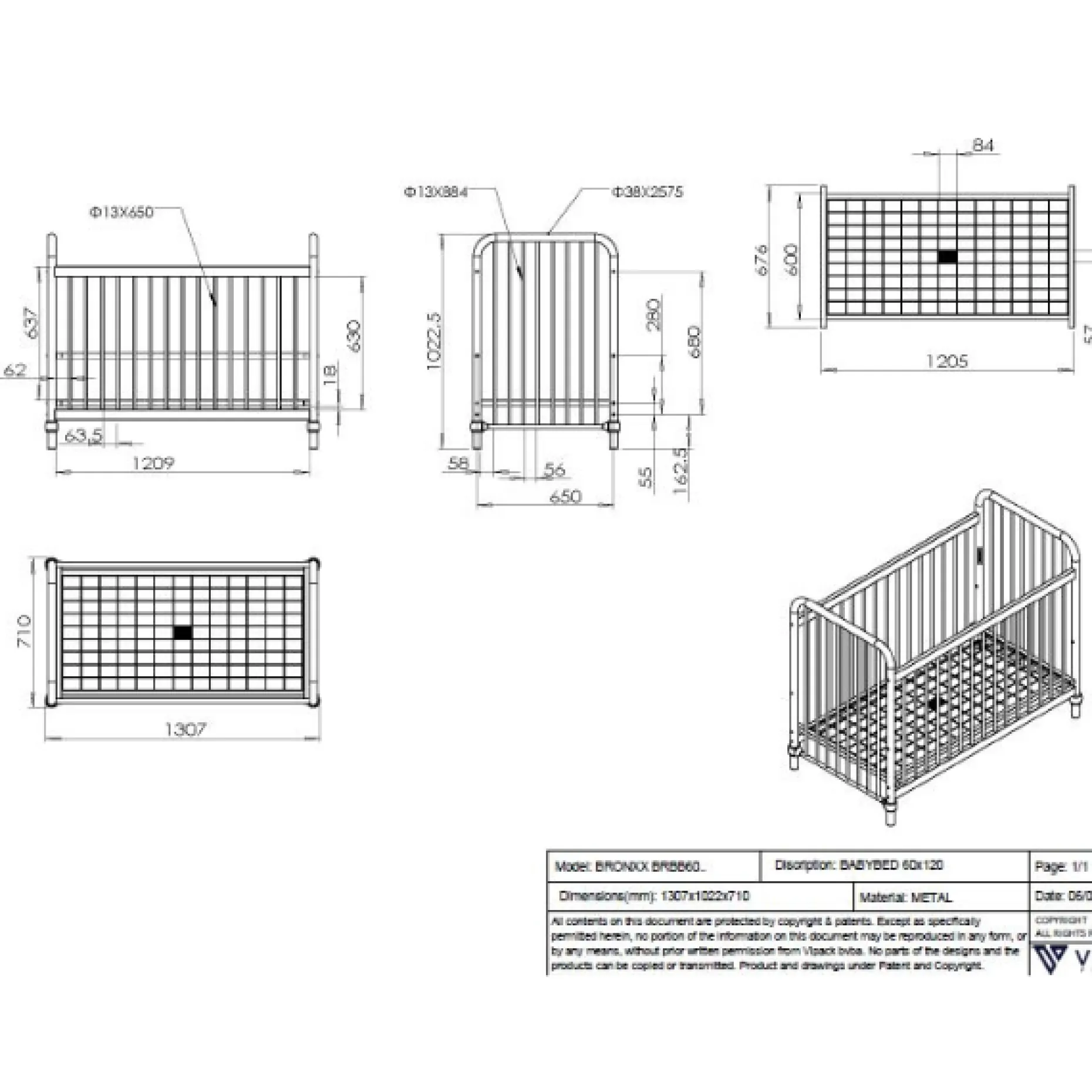 Bronxx Kinderbett - 60x120cm - mattschwarz