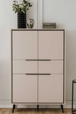 Buffetschrank Auryn - 90x38x140cm - 4 Türen und 2 Schubladen - sand/schwarz
