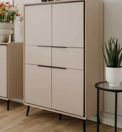 Buffetschrank Auryn - 90x38x140cm - 4 Türen und 2 Schubladen - sand/schwarz