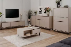 Buffetschrank Auryn - 90x38x140cm - 4 Türen und 2 Schubladen - sand/schwarz