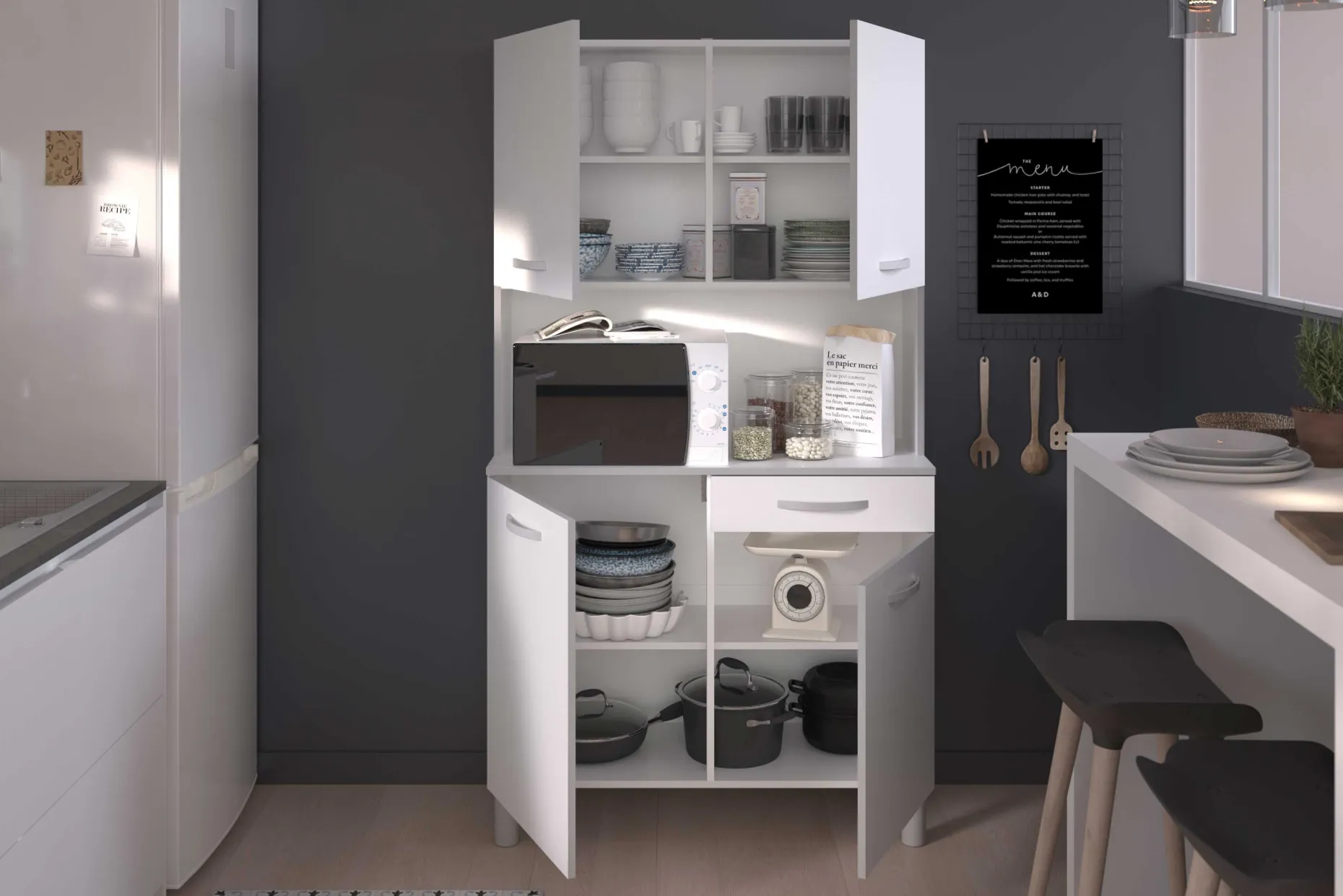 Buffetschrank Easy 101cm, 4 Türen und 1 Schublade - weiß