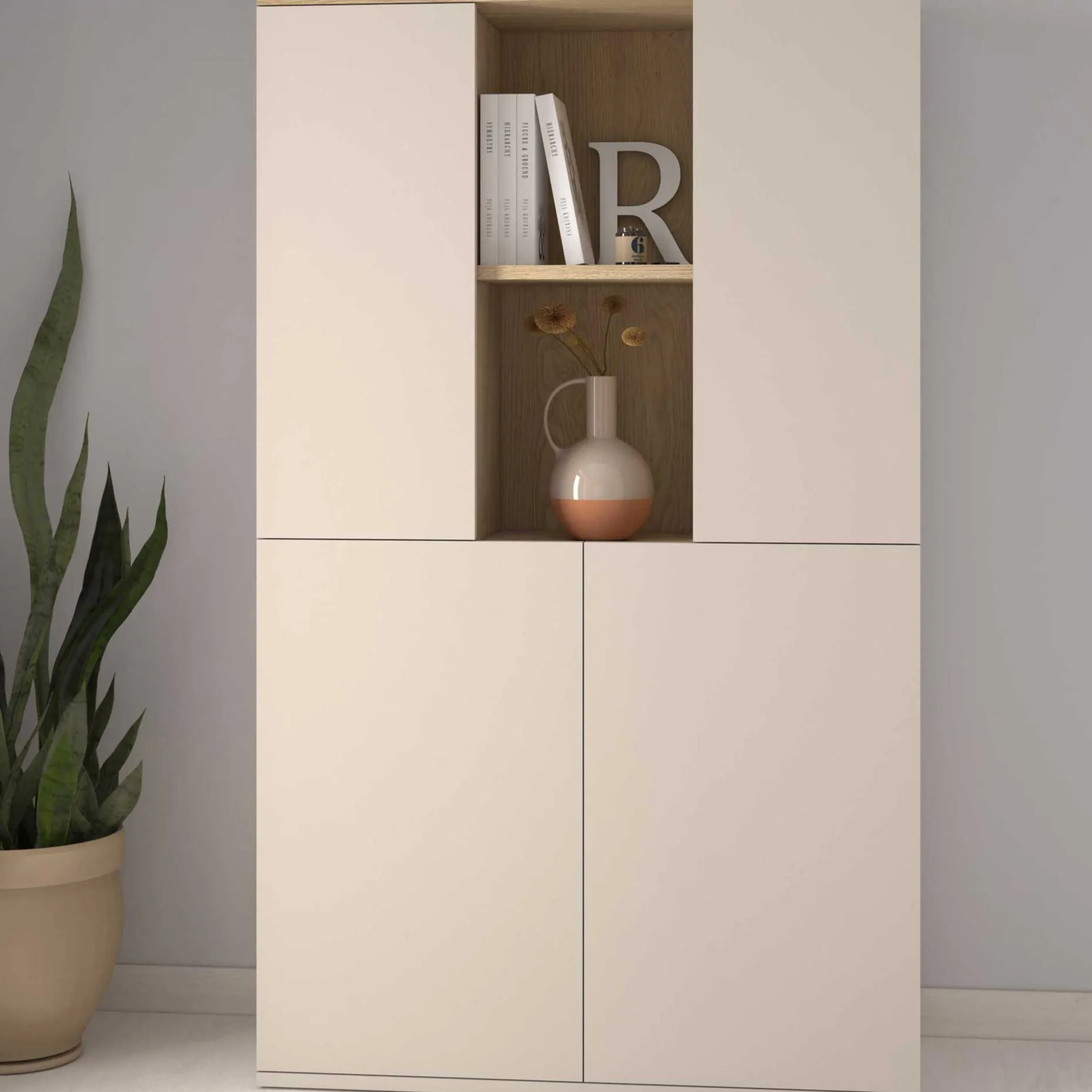 Buffetschrank Kosmo - 90x35x150cm - 4 Türen - Kaschmir/Eiche Dekor
