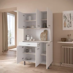 Buffetschrank Pavel 185cm hoch - matt weiß/akazienfarben mit Arbeitsplatte