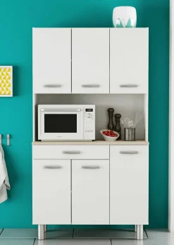 Buffetschrank Pavel 185cm hoch - matt weiß/akazienfarben mit Arbeitsplatte