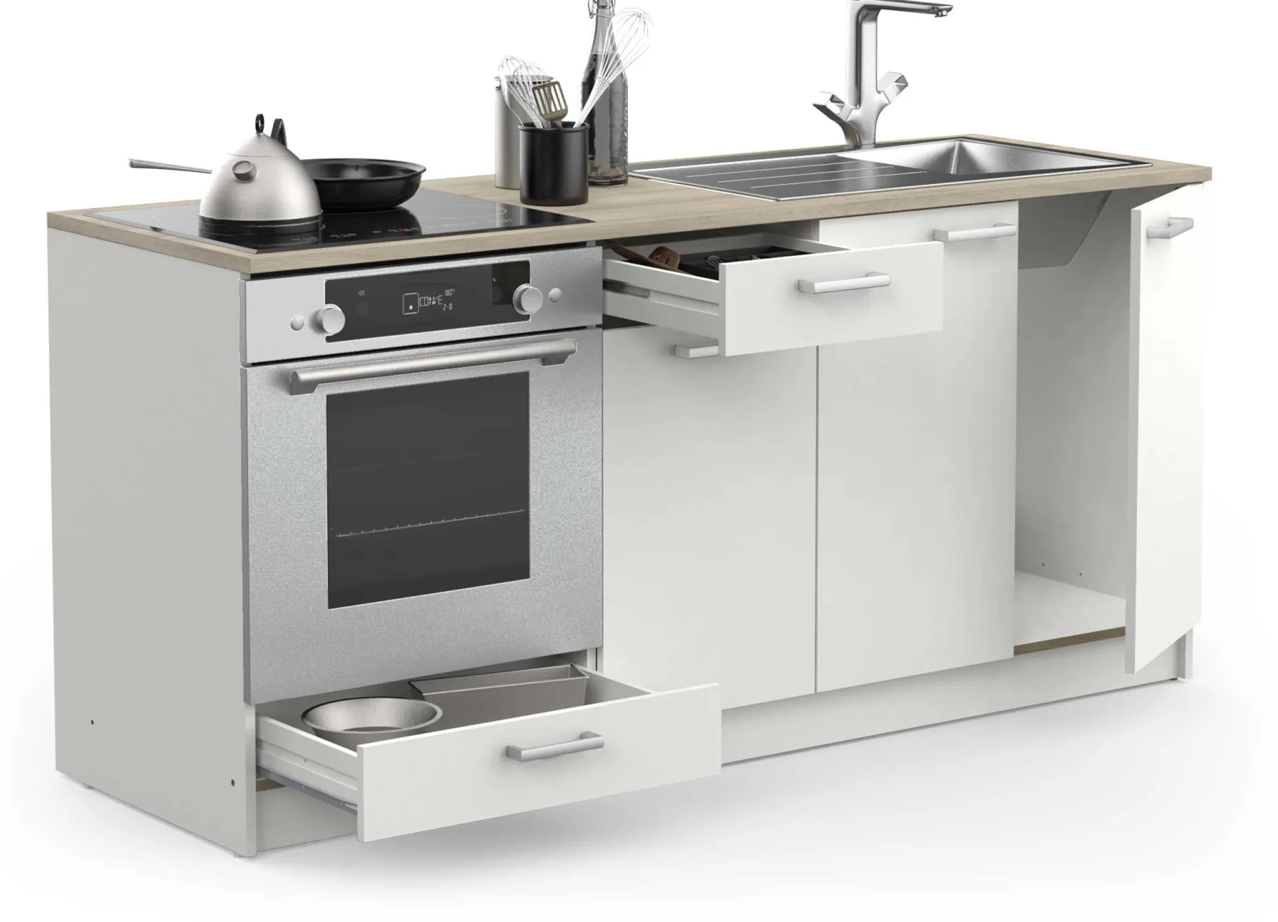Chef-Unterschrank mit Platz für Spüle, Backofen und Kochfeld - Kronberg Eiche/Mattweiß