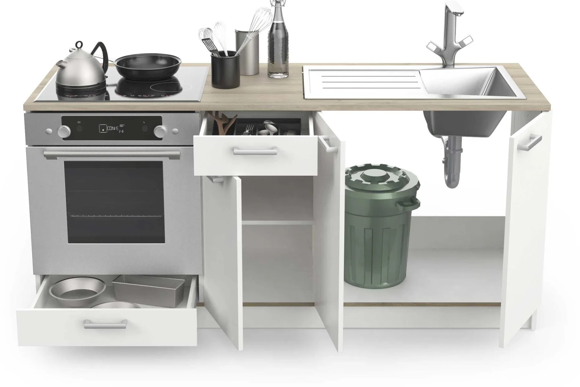 Chef-Unterschrank mit Platz für Spüle, Backofen und Kochfeld - Kronberg Eiche/Mattweiß