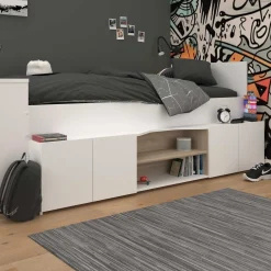 Clio Kinderbett 90x200 mit Stauraum und Schreibtisch - weiß/Eiche Dekor