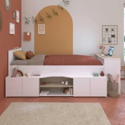 Clio Kinderbett 90x200 mit Stauraum und Schreibtisch - weiß/Eiche Dekor
