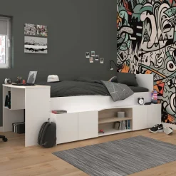 Clio Kinderbett 90x200 mit Stauraum und Schreibtisch - weiß/Eiche Dekor