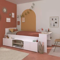 Clio Kinderbett 90x200 mit Stauraum und Schreibtisch - weiß/Eiche Dekor