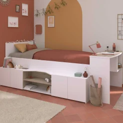 Clio Kinderbett 90x200 mit Stauraum und Schreibtisch - weiß/Eiche Dekor