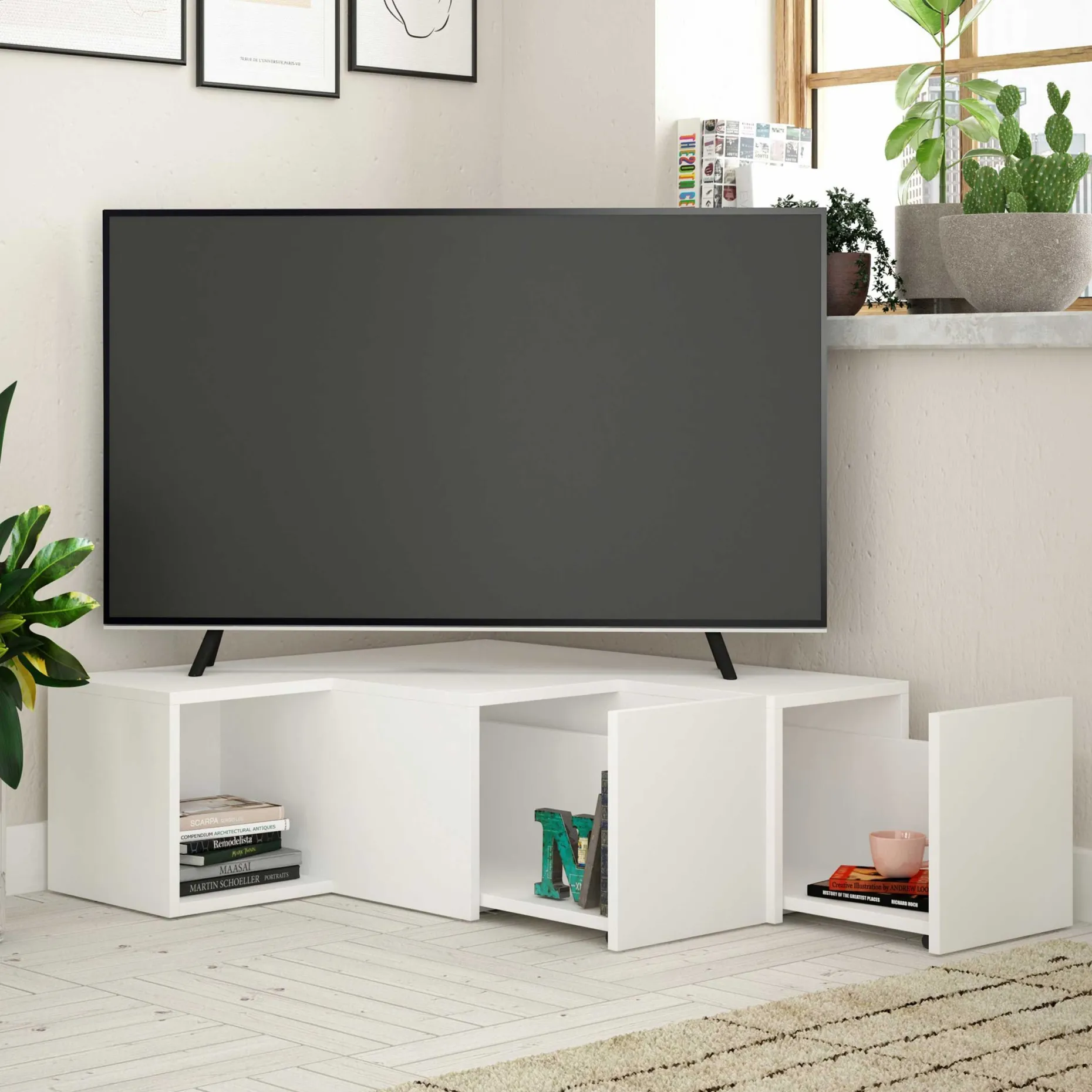 Compact TV-Ständer | 100 % MELAMIN | Weiß