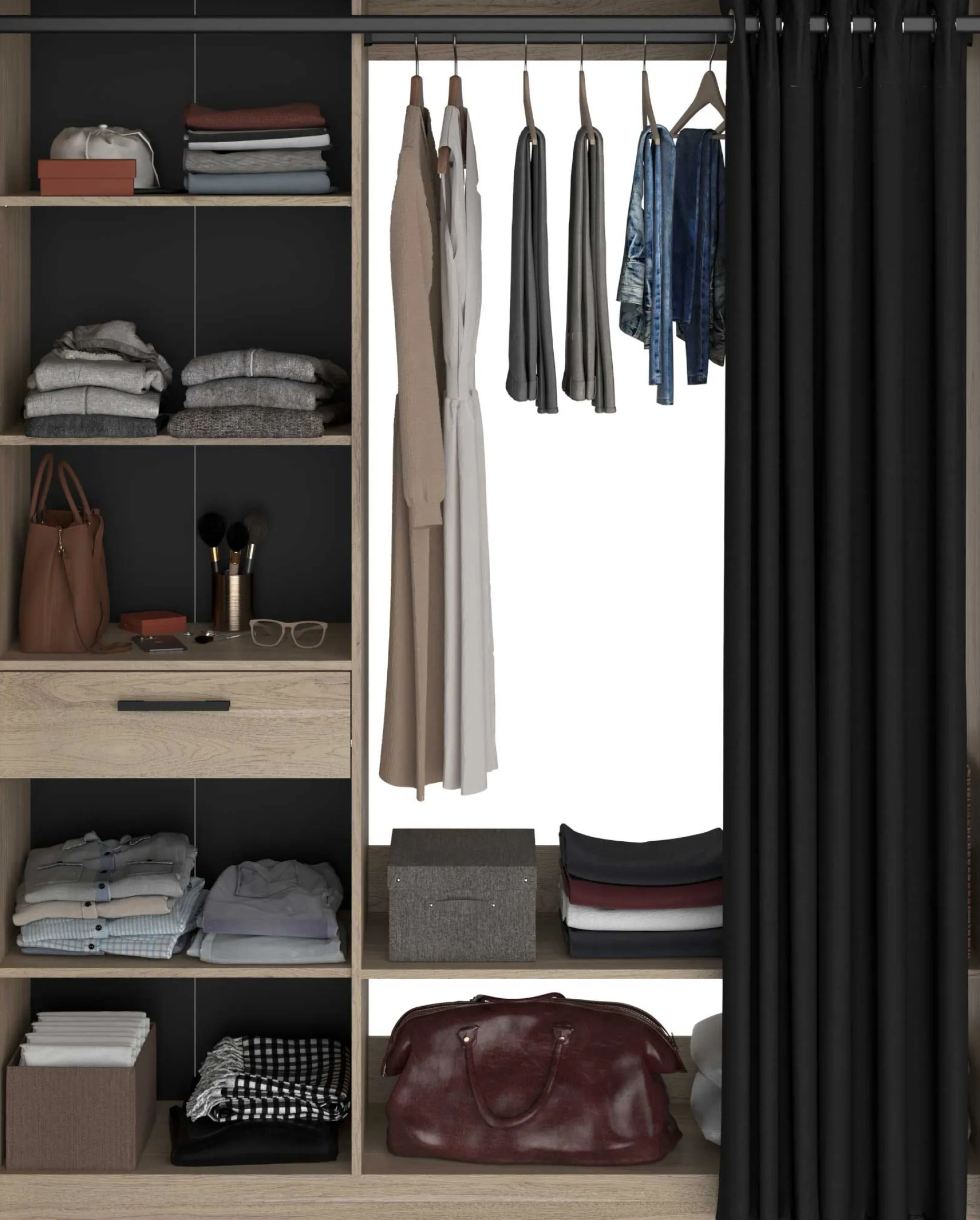 Cosy Offener Kleiderschrank - 161x50x200cm - mit Vorhang - Eiche/schwarz